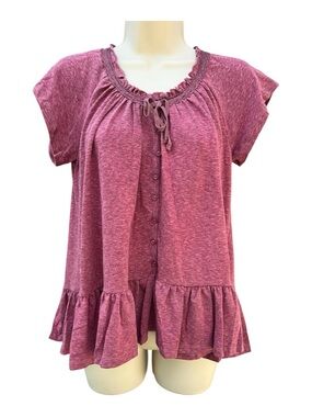 Hayden Los Angeles Small Ruffled Hem Babydoll Peasant Boho Tie Neck Button Shirt